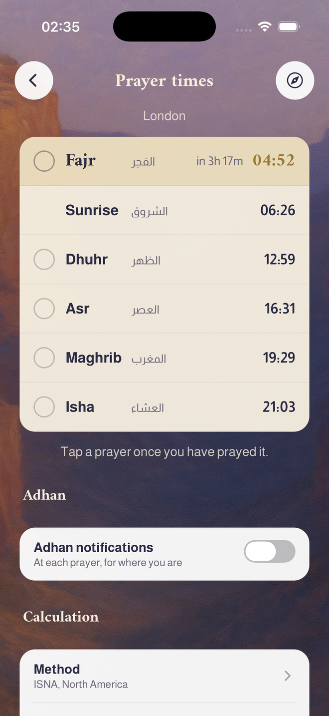 Prayer times for London, the next prayer lit
