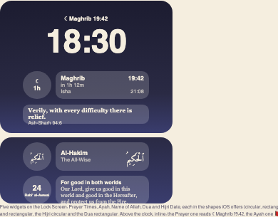 Lock Screen widgets: the next prayer above the clock, the countdown and today's ayah beneath it